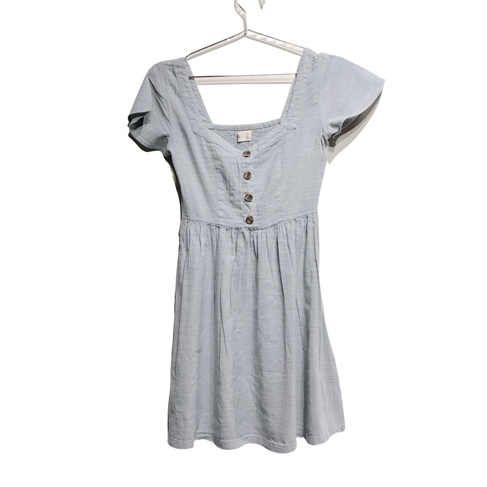 SO XS Mini Gray Blue Sundress Souchy Flowy Scrunched Back Summer Dress.